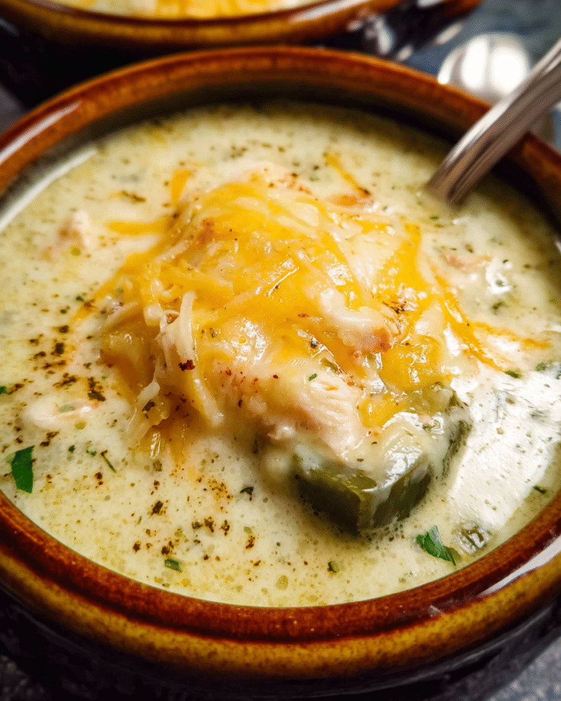 “Featured image of Chile Relleno Soup with roasted poblanos and chicken, served warm in a bowl, from CindyRecipes.”