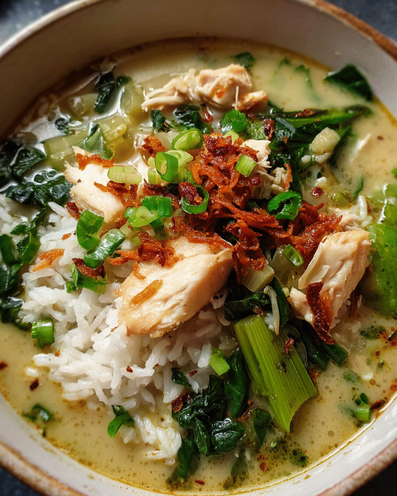 Chinese Rice Soup in bowl with toppings