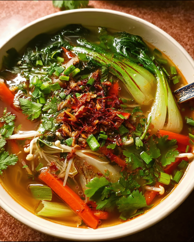 Chinese Vegetable Soup in a white ceramic bowl