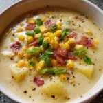Cold corn soup in rustic bowl with garnish