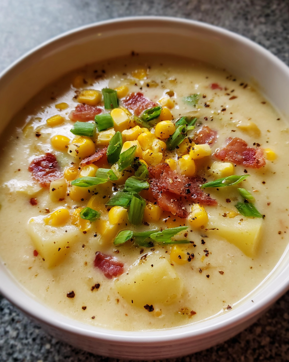 Cold corn soup in rustic bowl with garnish