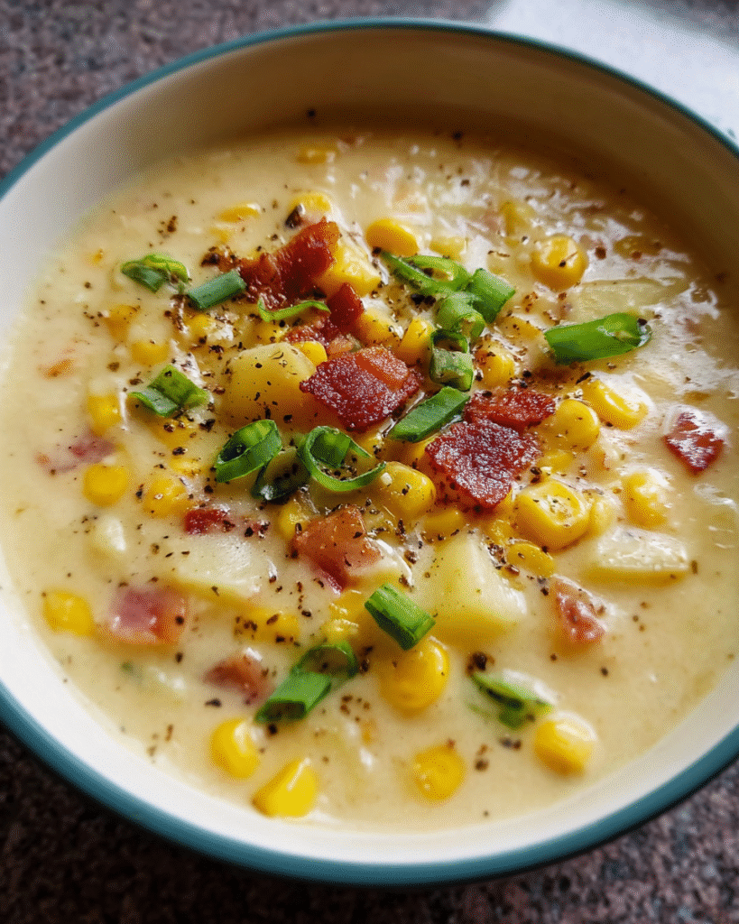 Cold corn soup in rustic bowl with garnish