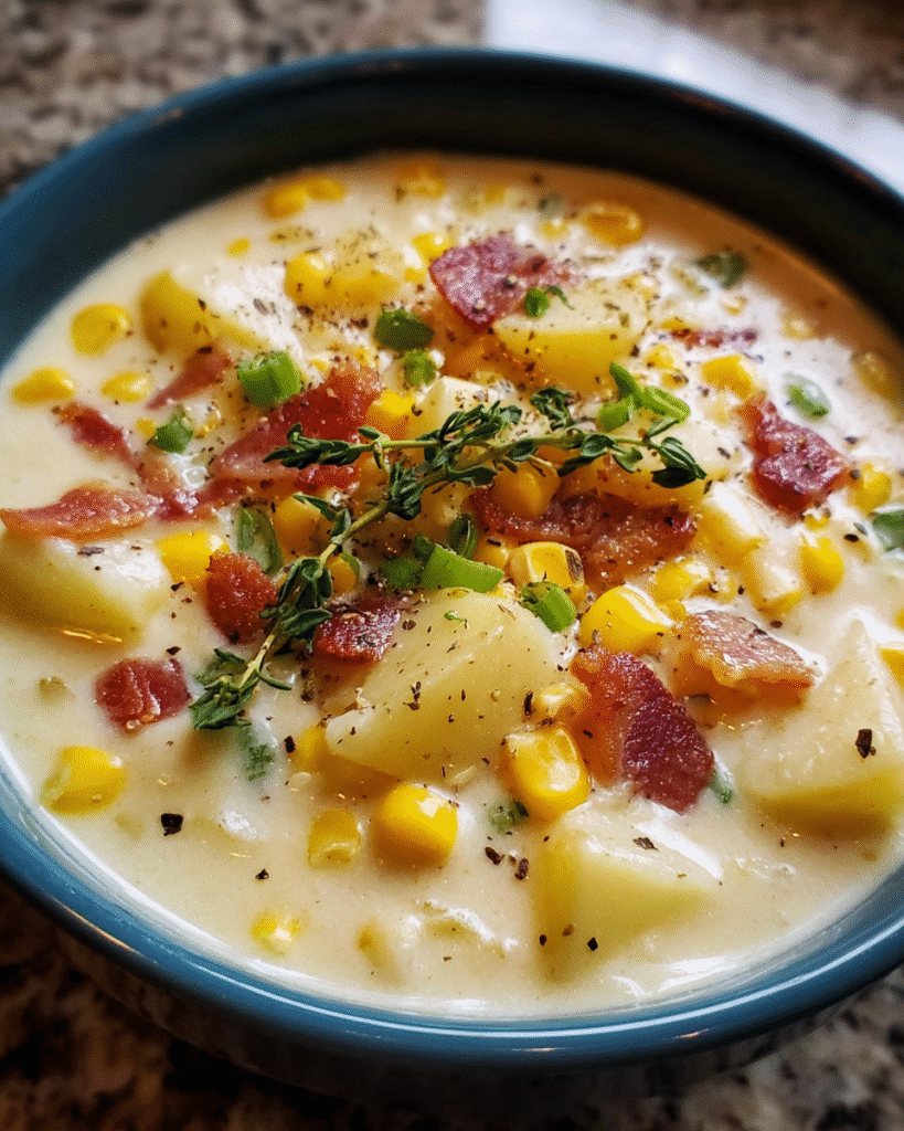 Creamy Corn Chowder with Bacon in bowl