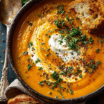 Country harvest root vegetable soup in rustic bowl