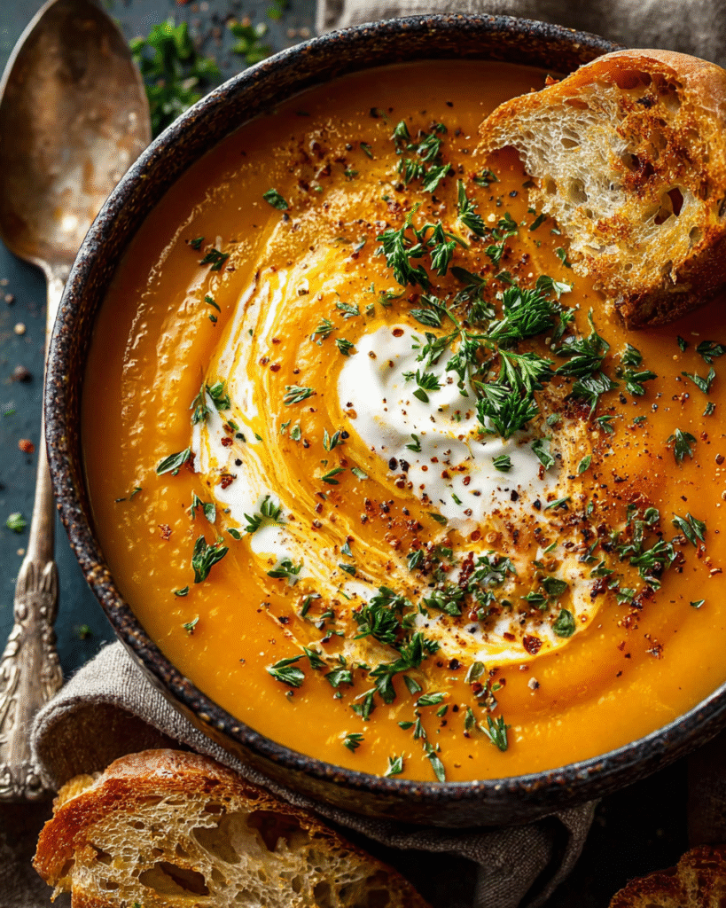 Country harvest root vegetable soup in rustic bowl