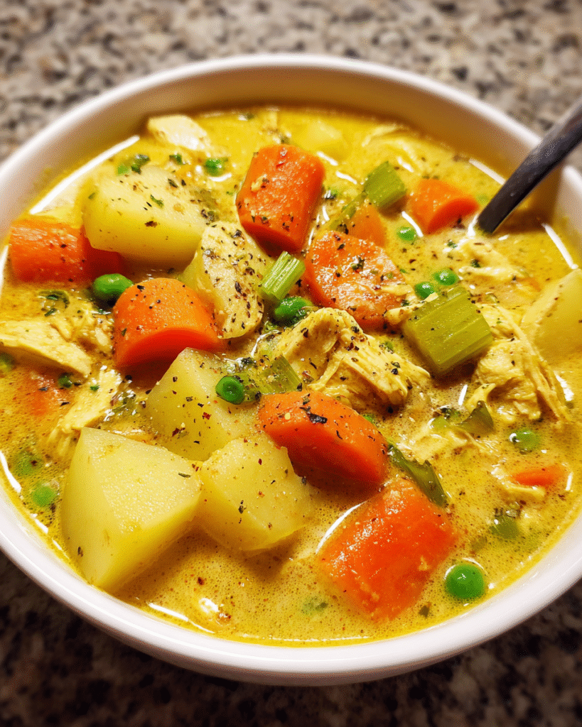 Cozy Chicken Curry Soup in a bowl with vegetables