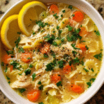Bowl of Cozy Chicken and Stars Soup with vegetables and star pasta