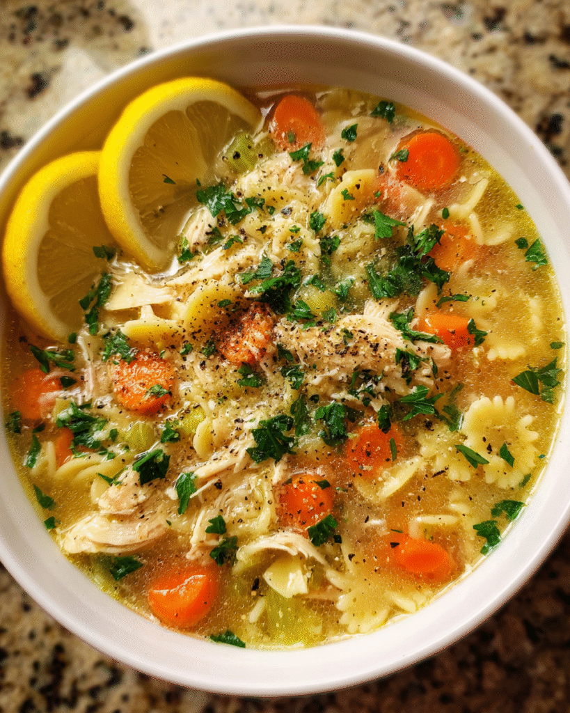 Bowl of Cozy Chicken and Stars Soup with vegetables and star pasta