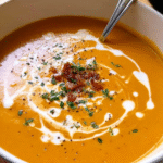 Creamy carrot soup with swirl and parsley
