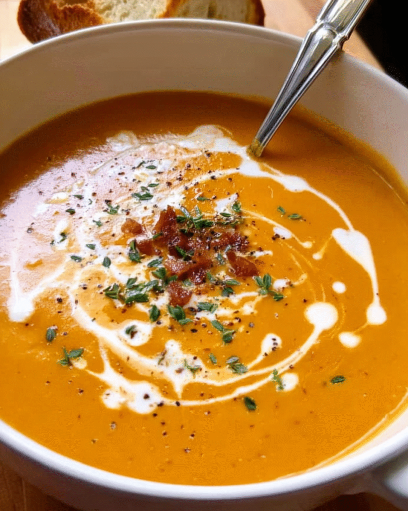 Creamy carrot soup with swirl and parsley