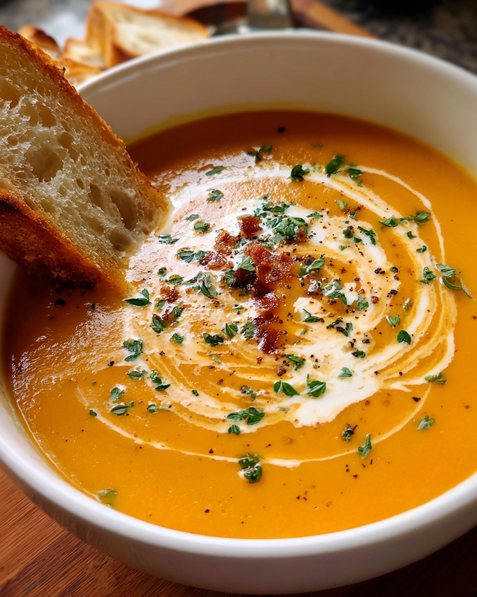 Creamy carrot soup with swirl and parsley