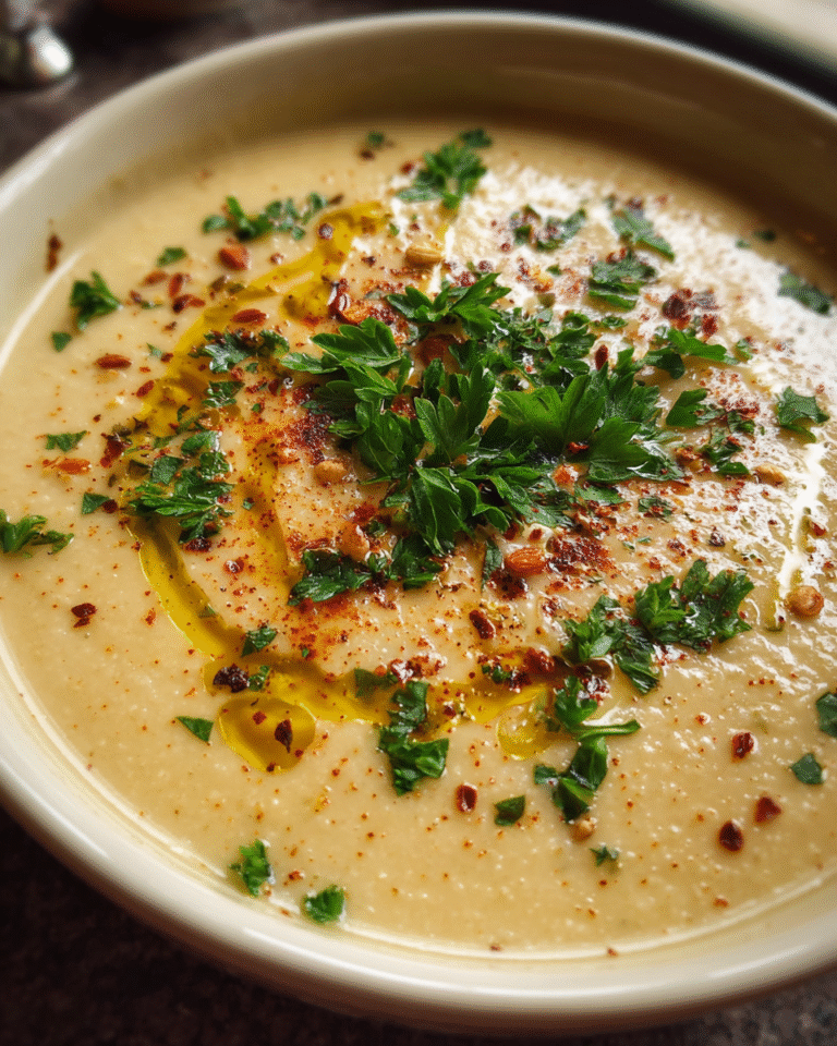Creamy Cauliflower Almond Soup in a bowl with parsley