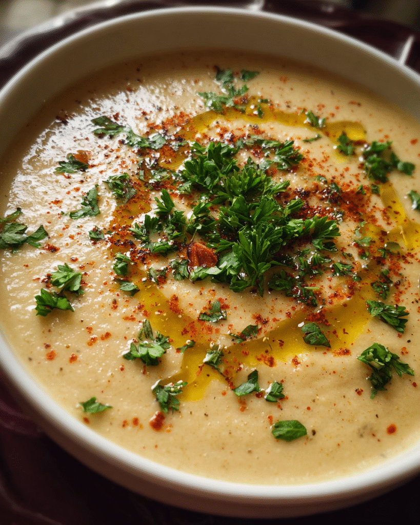 Creamy Cauliflower Almond Soup in a bowl with parsley