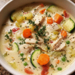Creamy healthy soup in rustic bowl