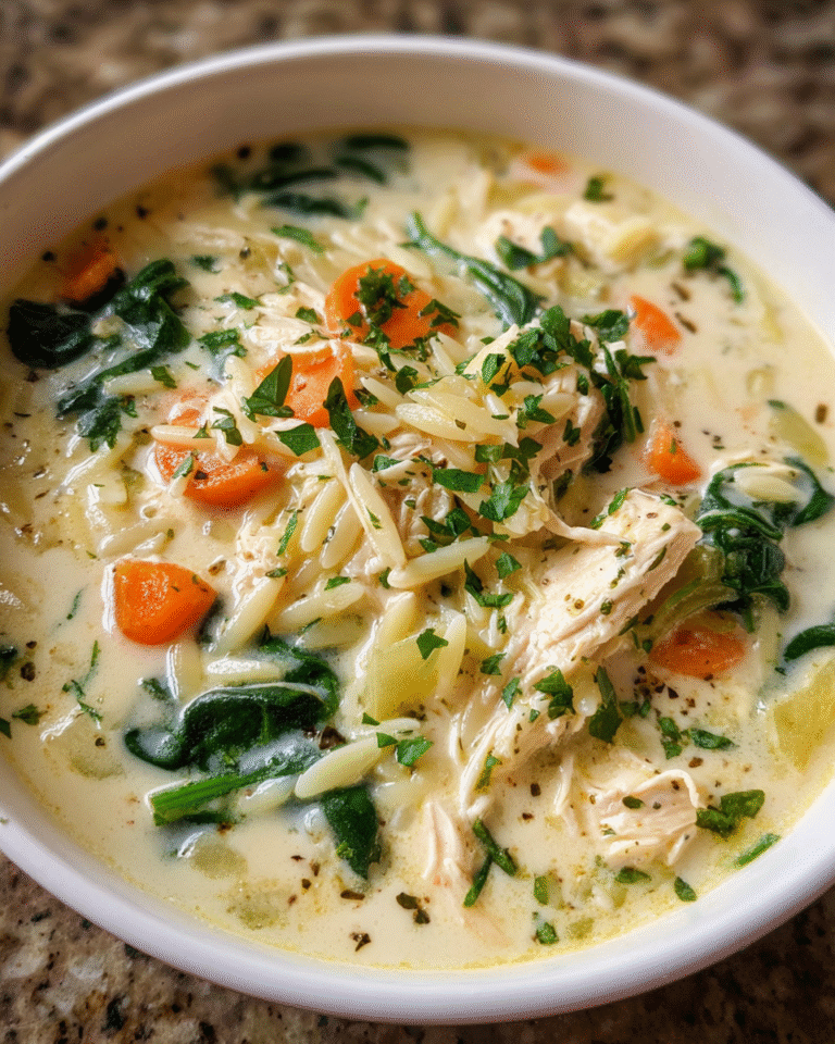 Creamy Lemon Chicken Orzo Soup served in a bowl