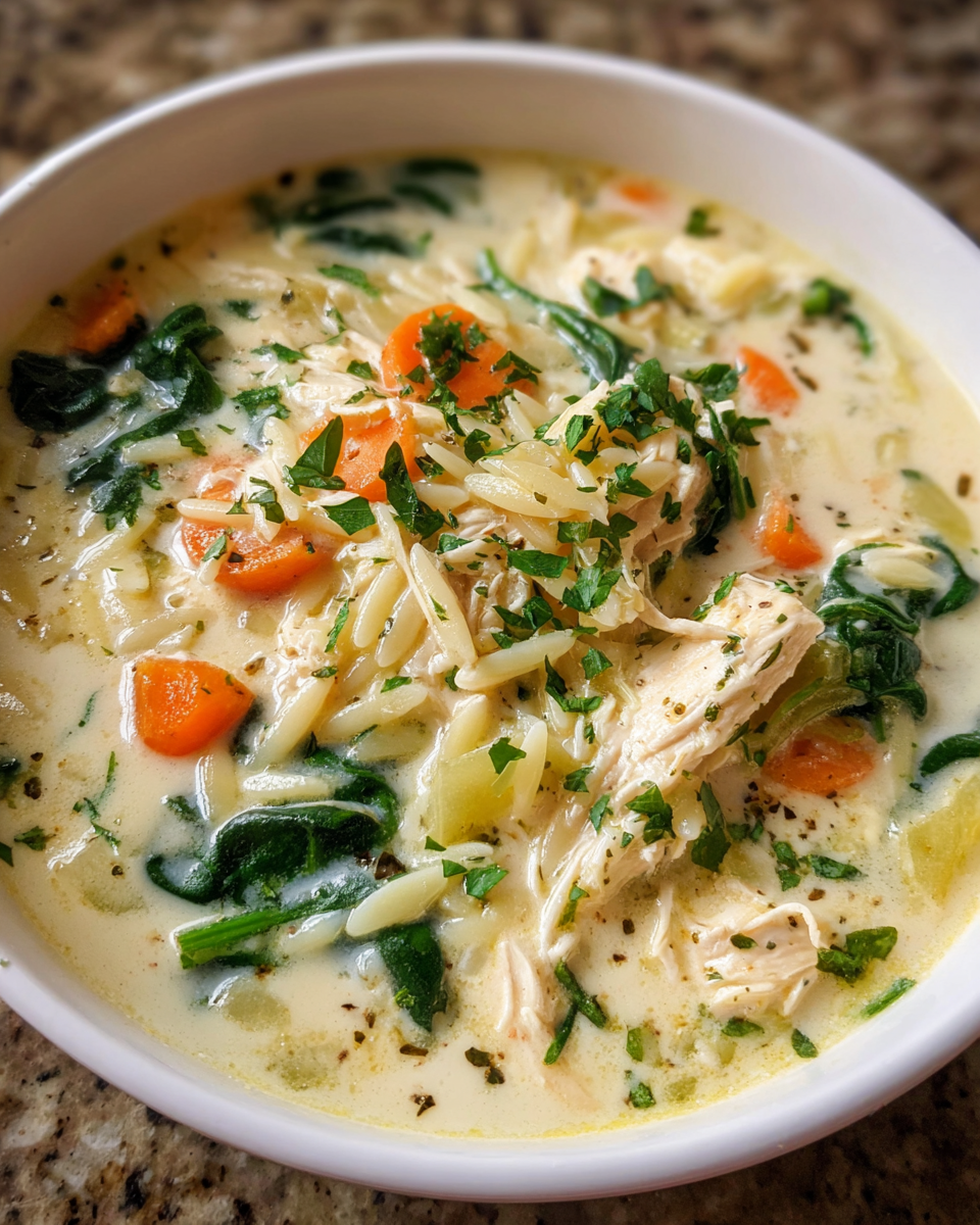 Creamy Lemon Chicken Orzo Soup served in a bowl