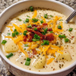 Creamy potato soup served hot with toppings