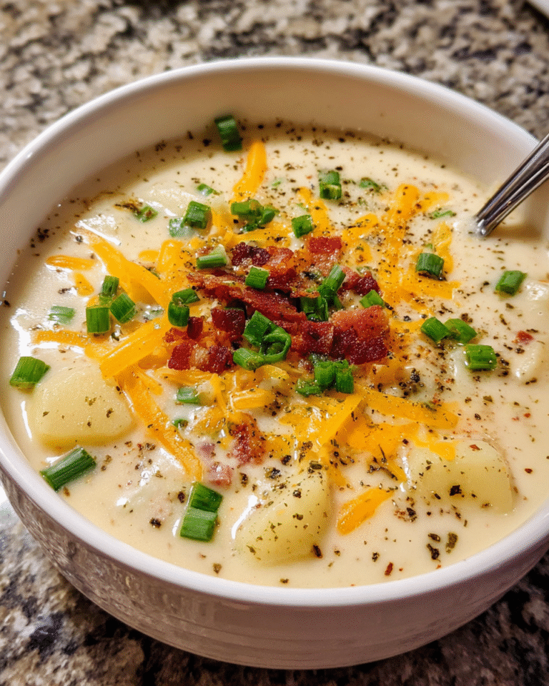 Creamy potato soup served hot with toppings