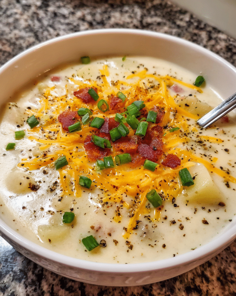 Creamy potato soup served hot with toppings