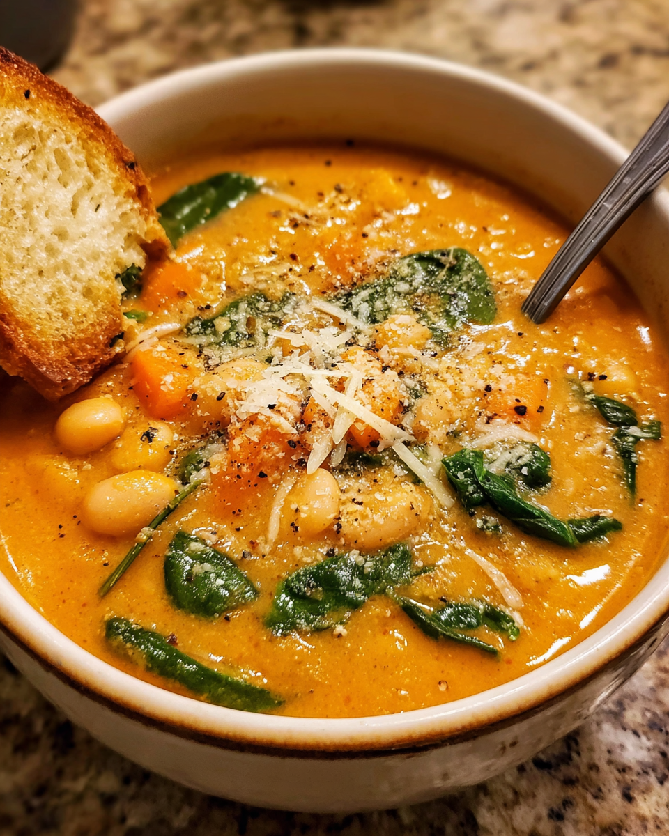 Creamy tomato bean soup with basil and bread