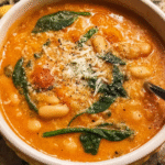 Creamy tomato bean soup with basil and bread