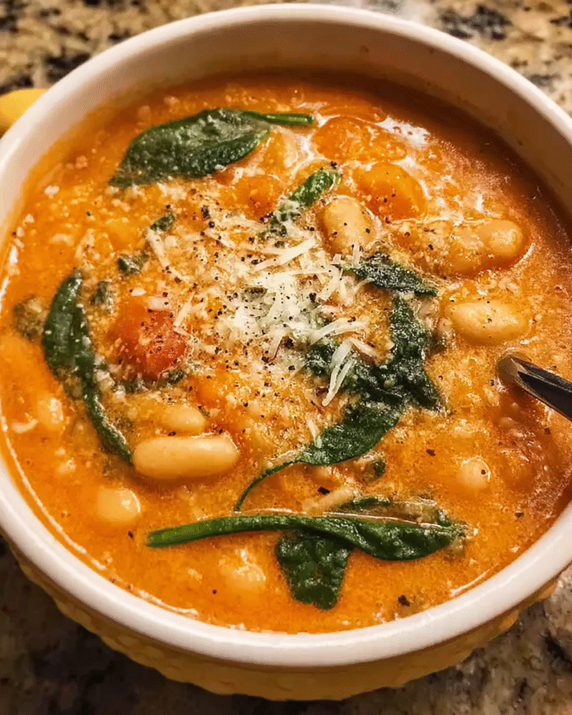 Creamy tomato bean soup with basil and bread