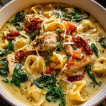 Creamy Tuscan Chicken Soup in rustic bowl