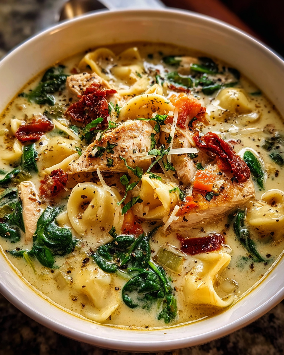 Creamy Tuscan Chicken Soup in rustic bowl