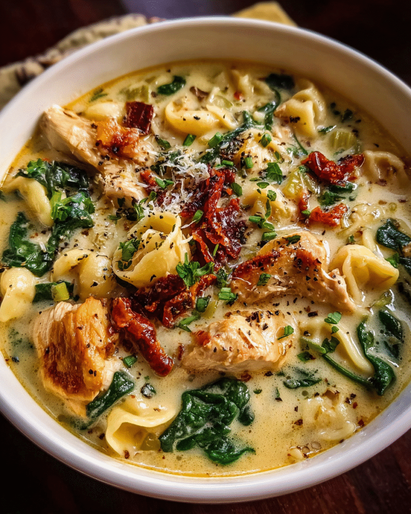 Creamy Tuscan Chicken Soup in rustic bowl