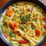 Creamy vegetable soup noodles in rustic bowl