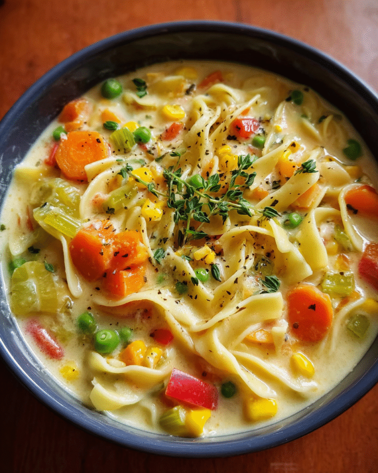Creamy vegetable soup noodles in rustic bowl