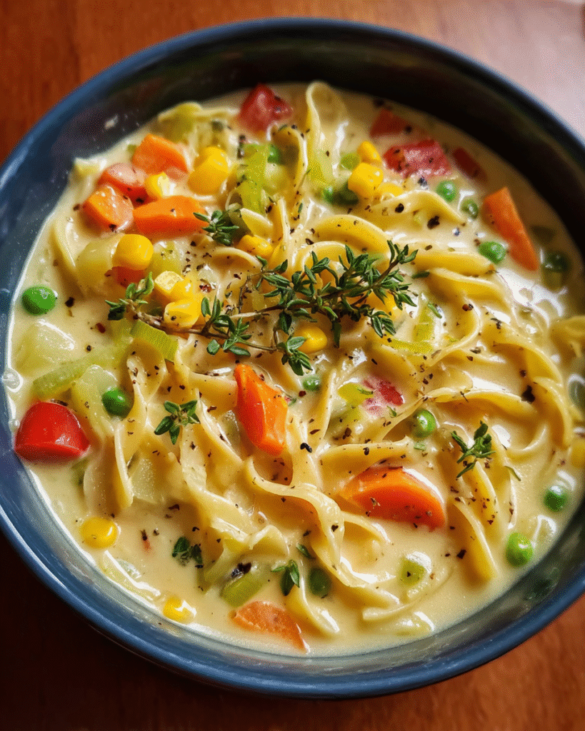 Creamy vegetable soup noodles in rustic bowl
