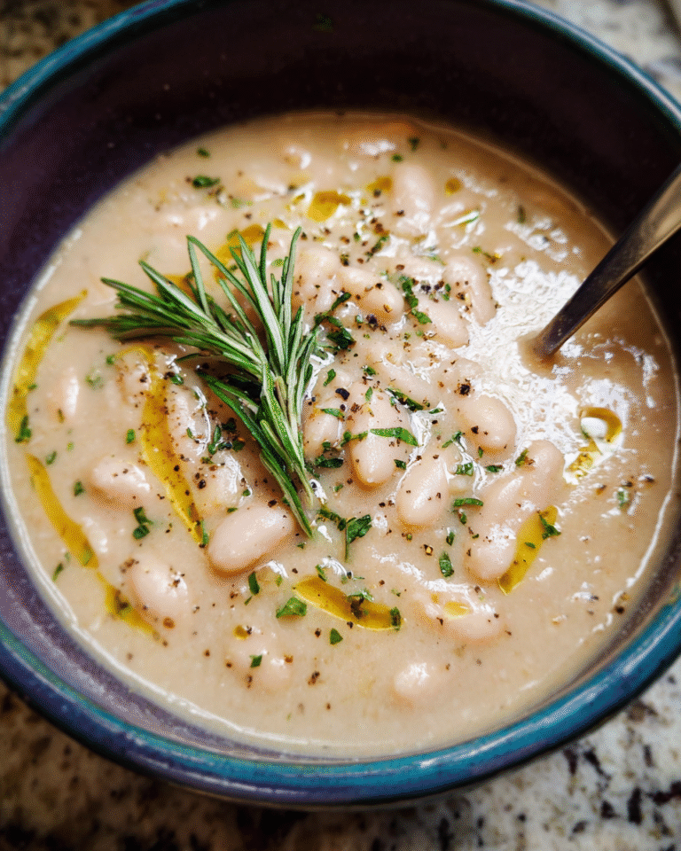 Bowl of creamy white bean soup with rosemary