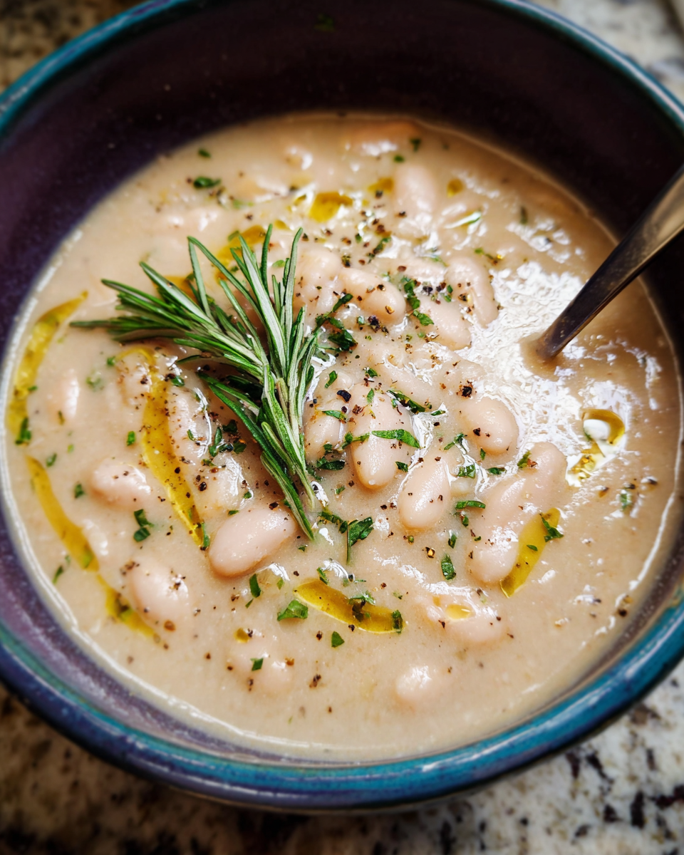 Bowl of creamy white bean soup with rosemary