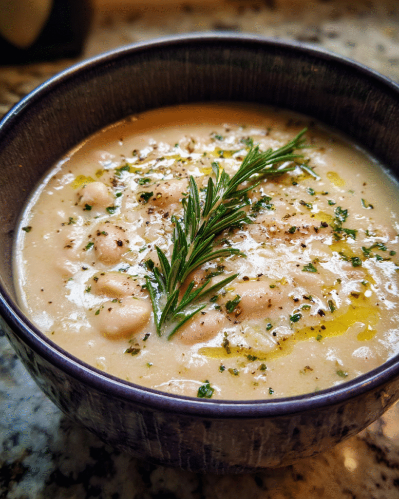 Bowl of creamy white bean soup with rosemary