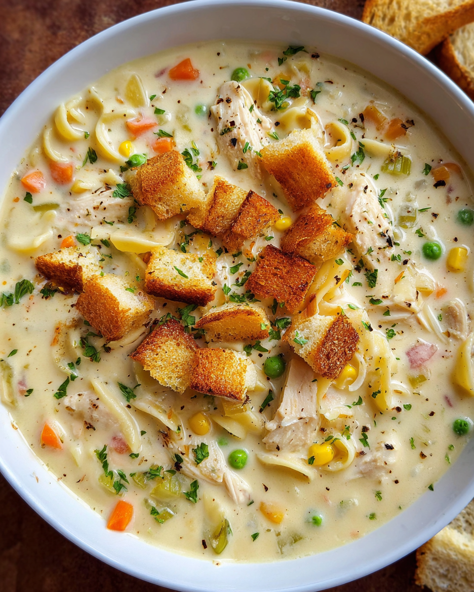 Creamy chicken noodle soup with croutons and herbs