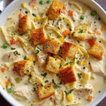 Creamy chicken noodle soup with croutons and herbs