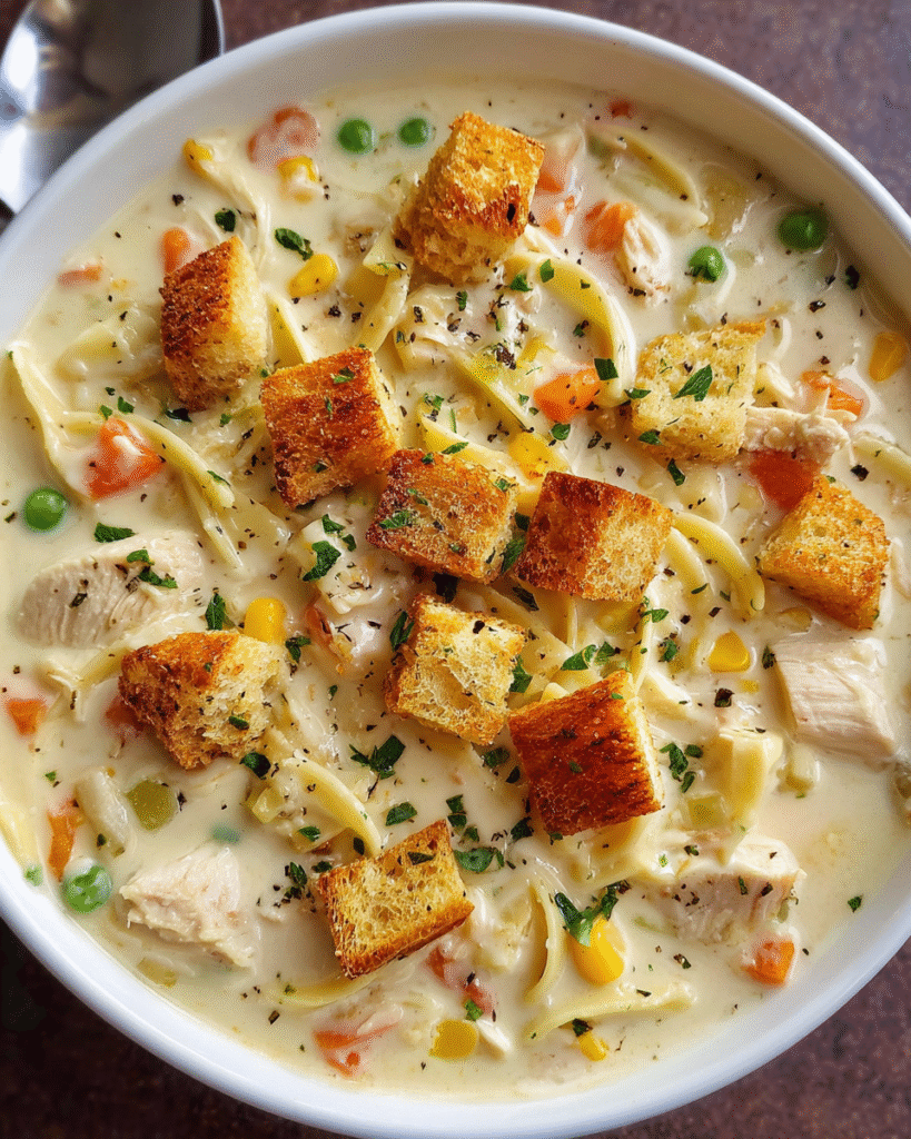 Creamy chicken noodle soup with croutons and herbs