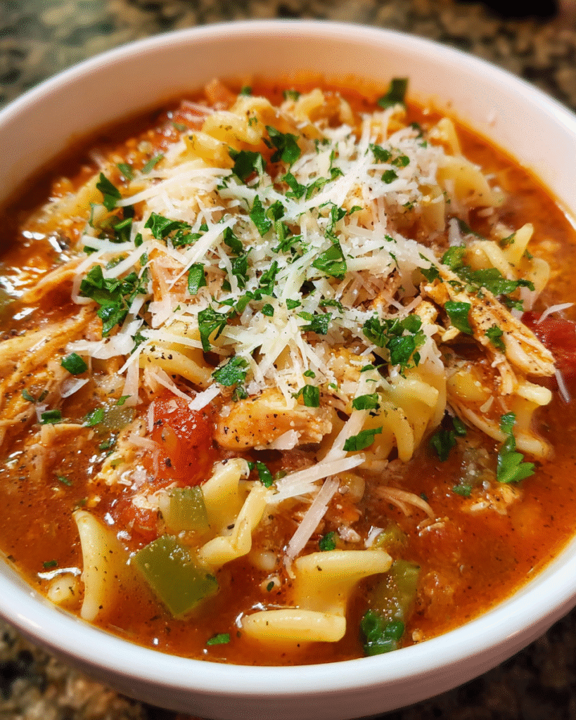 Crockpot Chicken Parmesan Soup in bowl