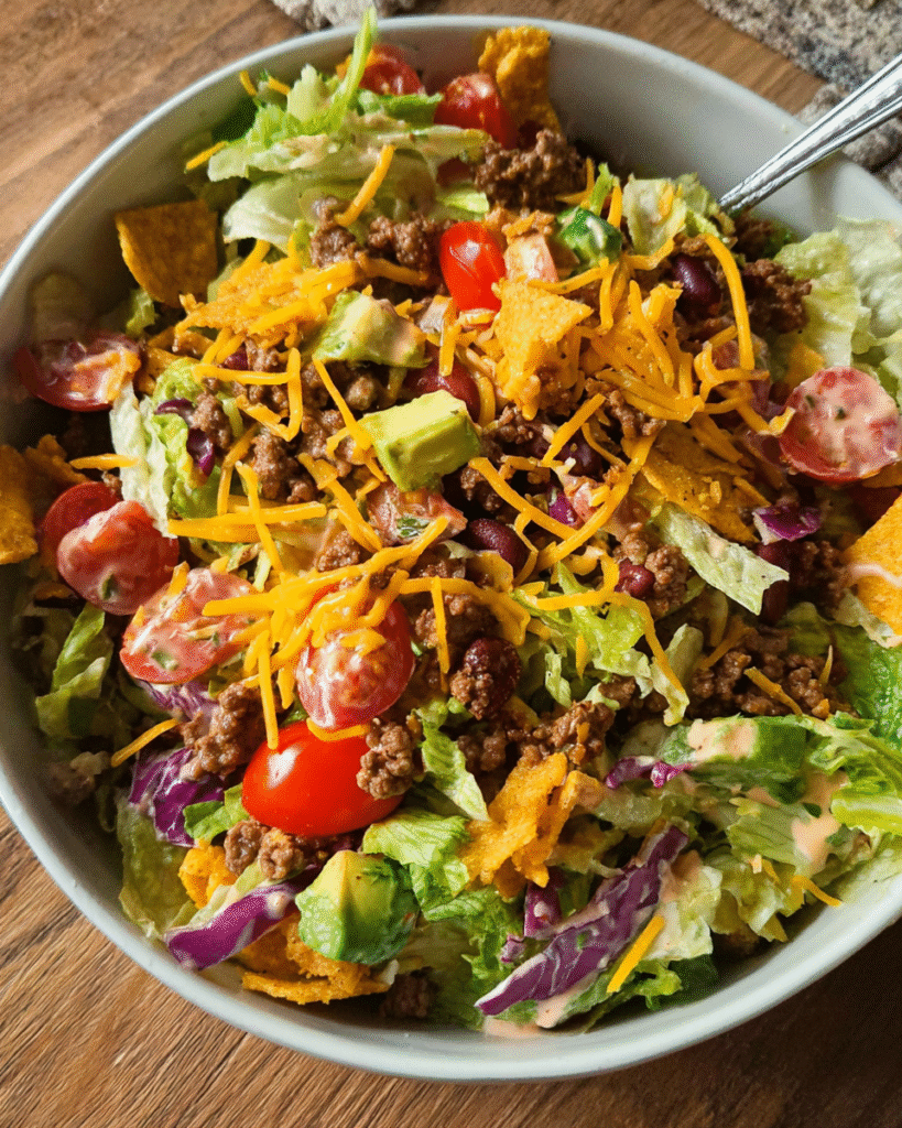 Doritos Taco Salad in Wooden Bowl