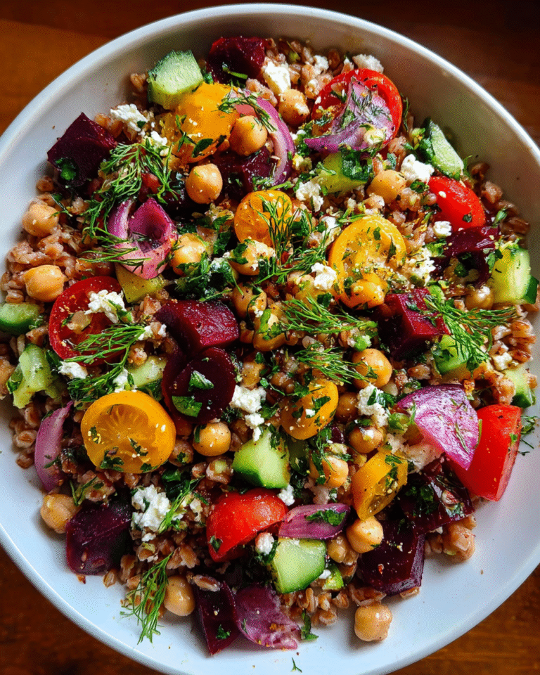Easy Mediterranean Farro Salad in rustic bowl