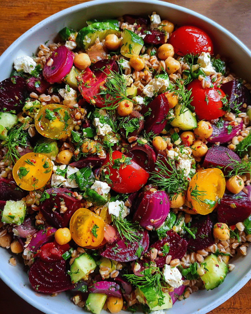 Easy Mediterranean Farro Salad in rustic bowl