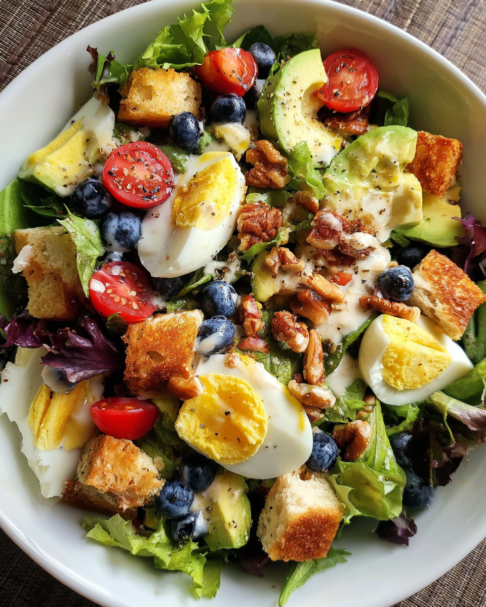 easy layered brunch salad in glass bowl