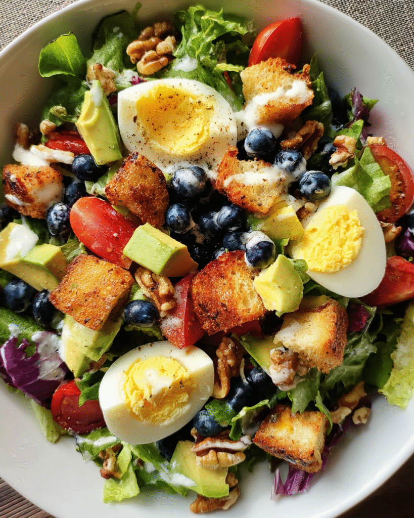 easy layered brunch salad in glass bowl