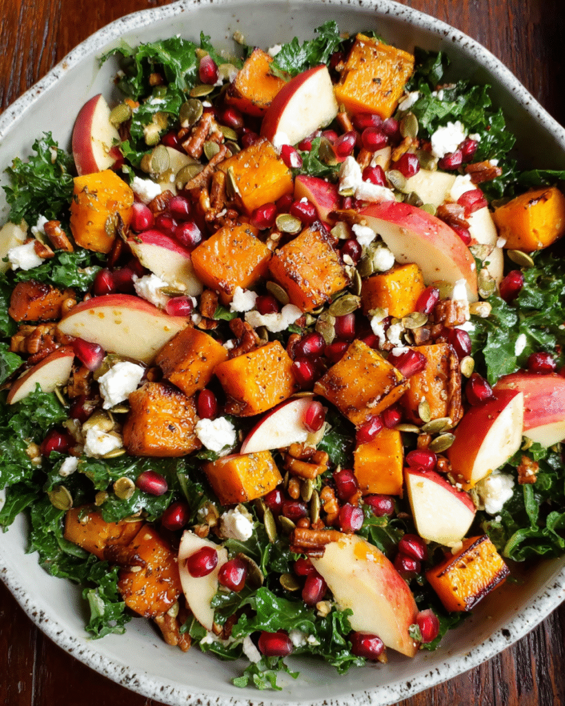 Fall Harvest Salad with Butternut Squash and Apple in rustic setting