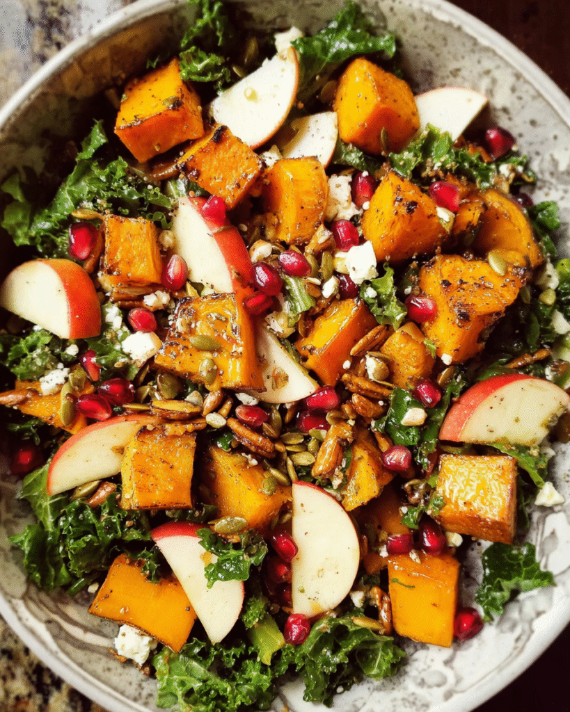 Fall Harvest Salad with Butternut Squash and Apple in rustic setting