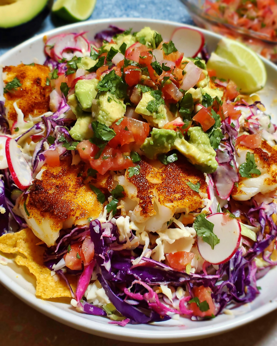 Fish Taco Salad in ceramic bowl