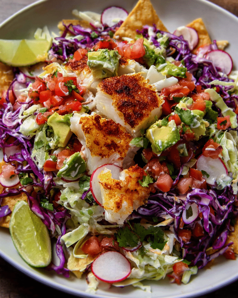 Fish Taco Salad in ceramic bowl