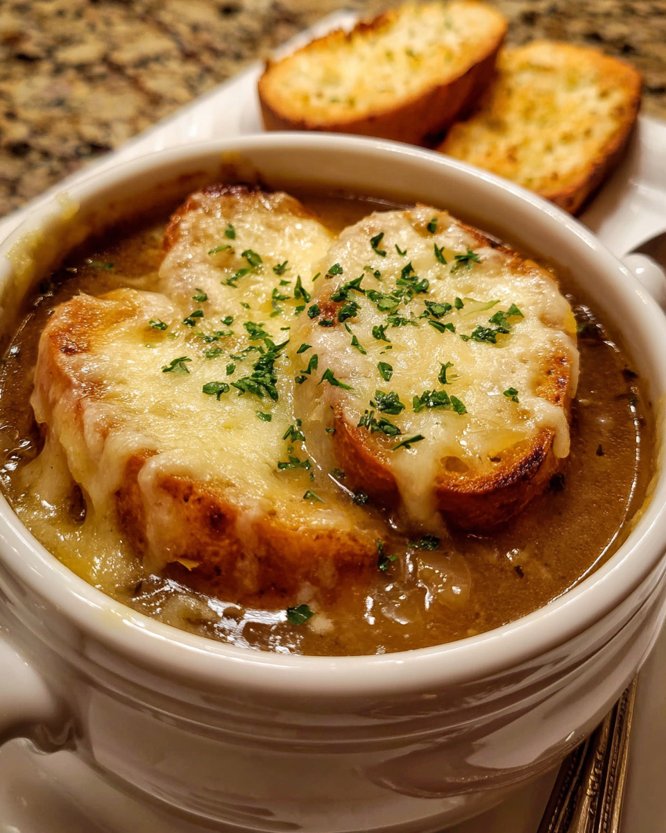 French onion soup with cheesy toast topping