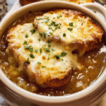 French onion soup with cheesy toast topping